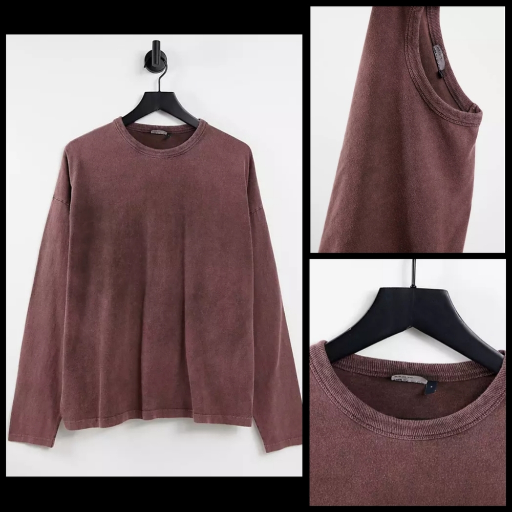 ASOS DESIGN Men's Oversized Long Sleeve T-Shirt in Brown Acid Wash-Size XS